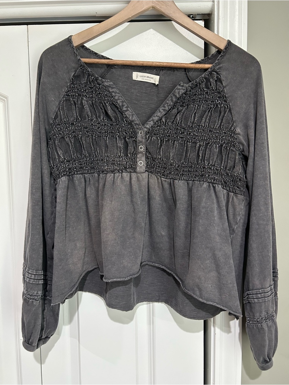Lucky Brand Washed Charcoal Smocked Peasant Top